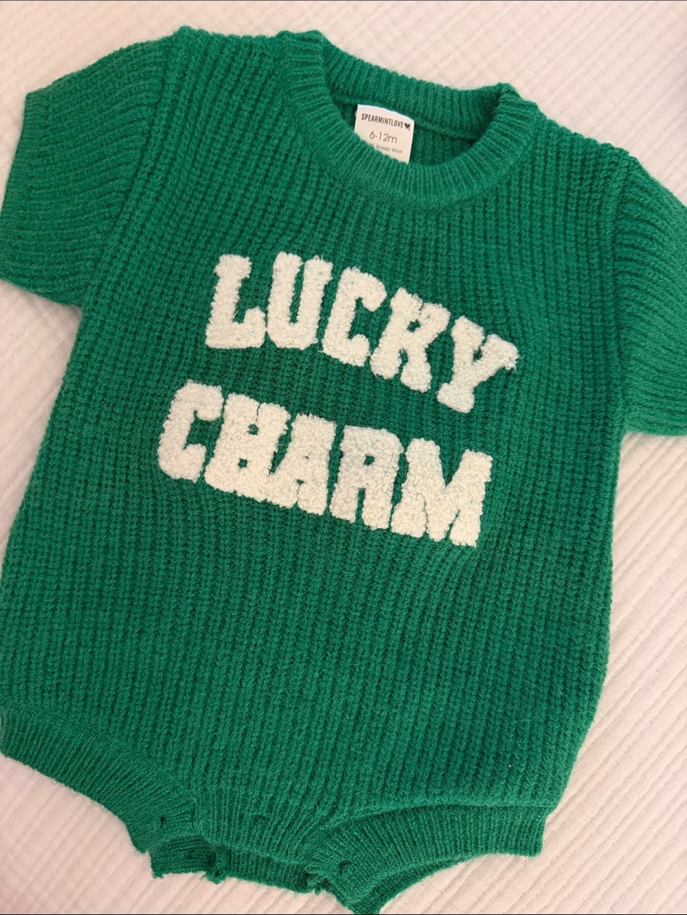 SpearmintLOVE 'Lucky Charm' Green Knit Baby Romper